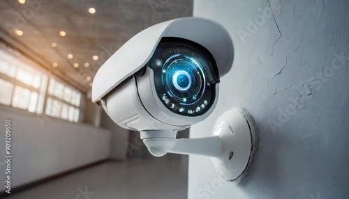 Modern security camera mounted on wall, monitoring space with advanced technology and sleek design for surveillance purposes. photo