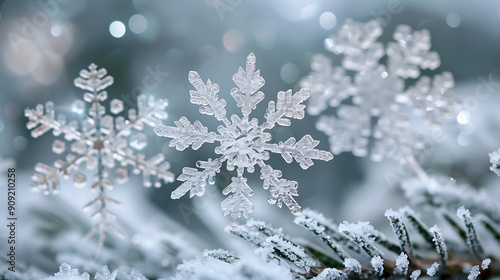 Intricate snowflakes on frosty branches. Unique patterns of each snowflake, showcasing their crystalline beauty against a soft, blurred winter background photo