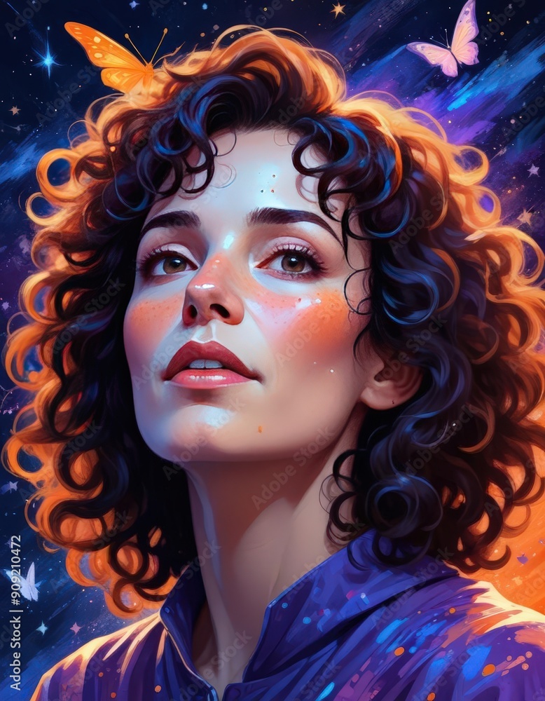 Digital Painting Women with Curly Dark Hair Digital Painting Women with Curly Dark Hair