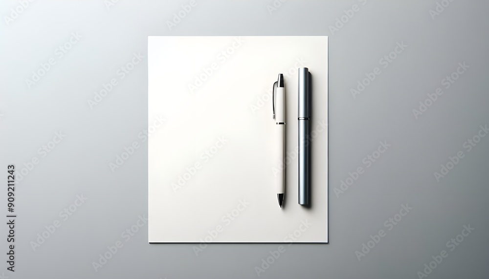 Top-Down View of Organized Work Area with White Paper and Sleek Pen on Gray Background Top-Down View of Organized Work Area with White Paper and Sleek Pen on Gray Background