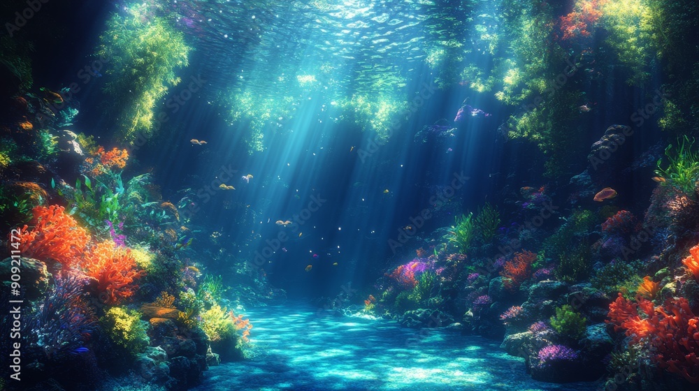 Fototapeta premium Vibrant underwater scene of a coral reef with colorful corals and fish. Ideal for marine life themes, ocean conservation, and nature backgrounds