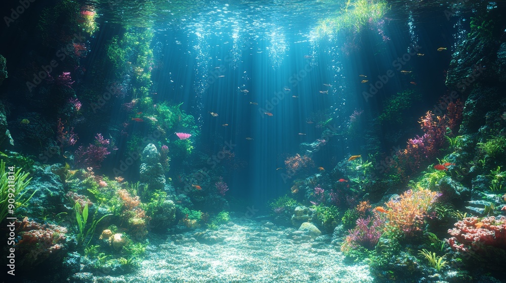 Fototapeta premium Vibrant underwater scene of a coral reef with colorful corals and fish. Ideal for marine life themes, ocean conservation, and nature backgrounds
