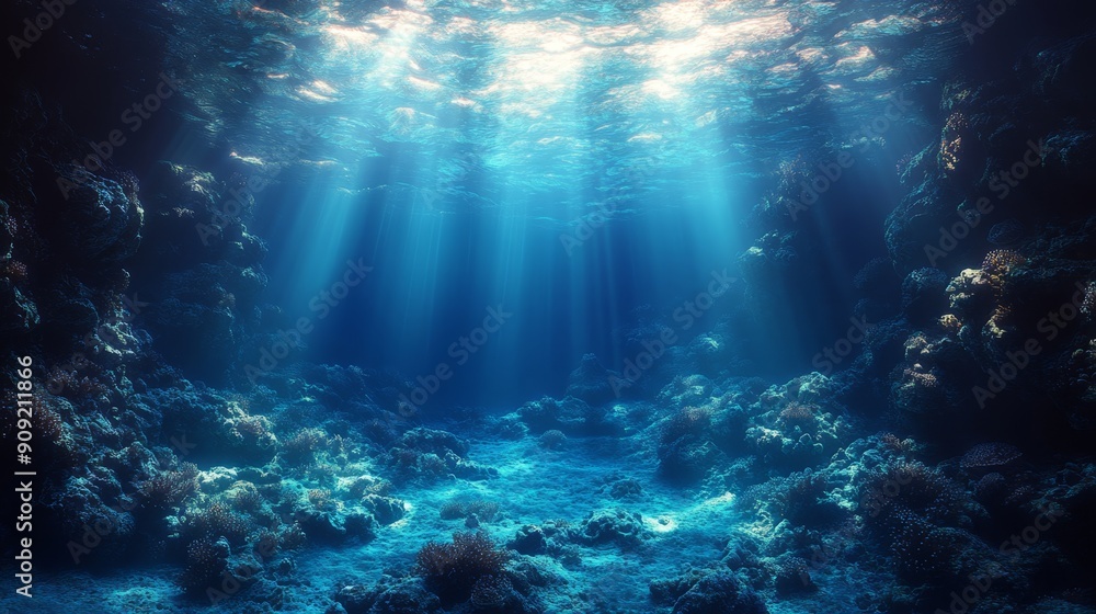 Fototapeta premium Vibrant underwater scene of a coral reef with colorful corals and fish. Ideal for marine life themes, ocean conservation, and nature backgrounds