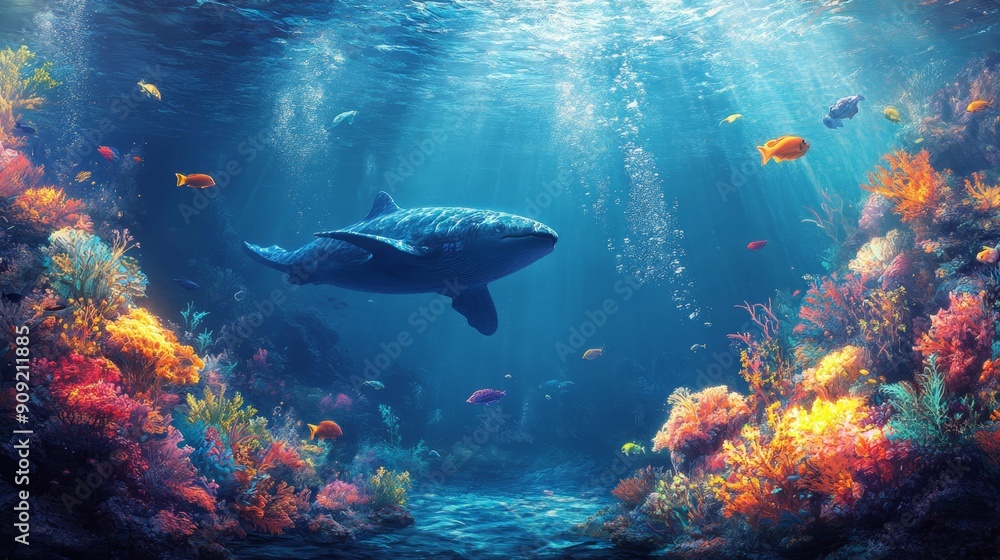 Fototapeta premium Vibrant underwater scene of a coral reef with colorful corals and fish. Ideal for marine life themes, ocean conservation, and nature backgrounds