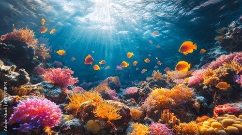 Vibrant underwater scene of a coral reef with colorful corals and fish. Ideal for marine life themes, ocean conservation, and nature backgrounds