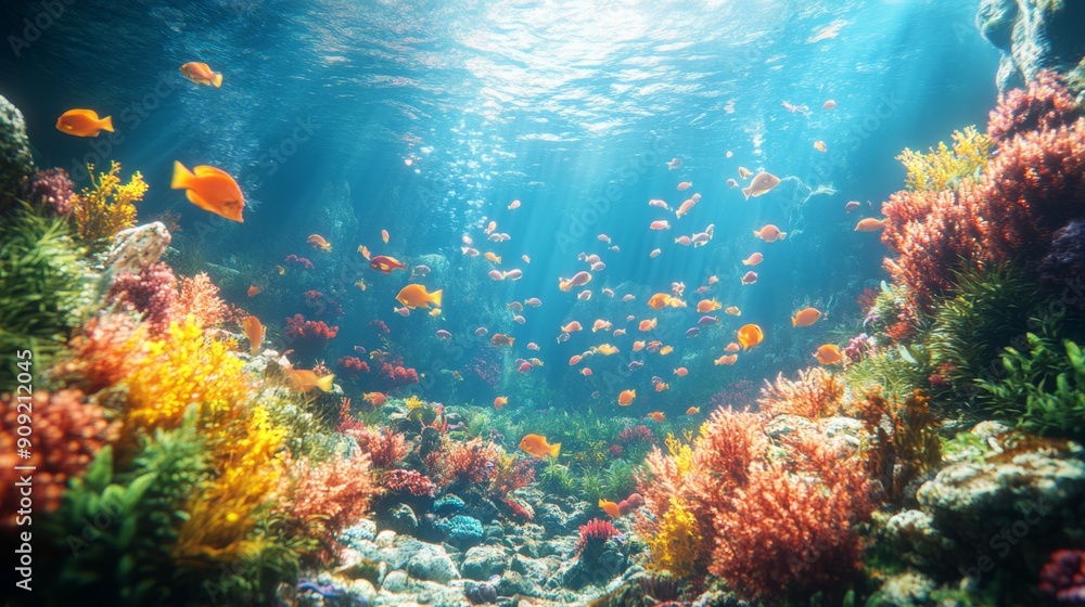 Vibrant underwater scene of a coral reef with colorful corals and fish. Ideal for marine life themes, ocean conservation, and nature backgrounds Vibrant underwater scene of a coral reef with colorful corals and fish. Ideal for marine life themes, ocean conservation, and nature backgrounds