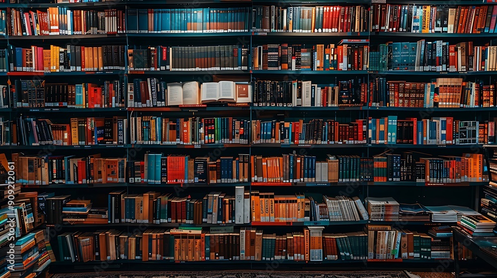 Rows of neatly packed shelves at a library variety of books in a quiet empty library