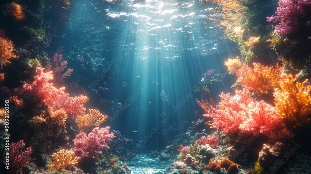 Fototapeta premium Vibrant underwater scene of a coral reef with colorful corals and fish. Ideal for marine life themes, ocean conservation, and nature backgrounds