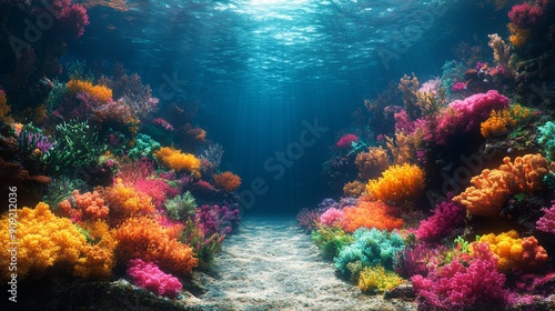 Vibrant underwater scene of a coral reef with colorful corals and fish. Ideal for marine life themes, ocean conservation, and nature backgrounds