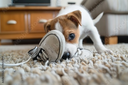 A small dog playing with a pair of shoes photo