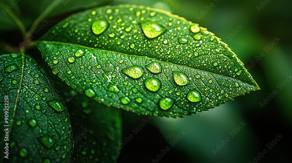 Close-up of Fresh Green Leaf with Water Droplets, Nature Background, Macro Photography of Dew on Leaf, Vibrant Green Foliage, Natural Texture, Eco-Friendly Concept, Botanical Detail, Plant Life Close-up of Fresh Green Leaf with Water Droplets, Nature Background, Macro Photography of Dew on Leaf, Vibrant Green Foliage, Natural Texture, Eco-Friendly Concept, Botanical Detail, Plant Life