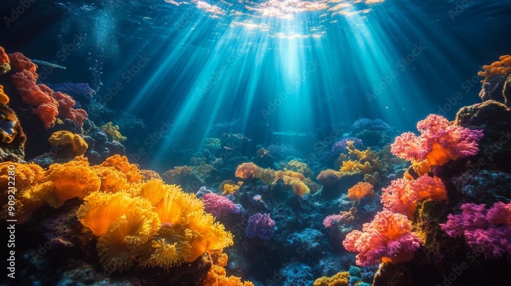 Fototapeta premium Vibrant underwater scene of a coral reef with colorful corals and fish. Ideal for marine life themes, ocean conservation, and nature backgrounds