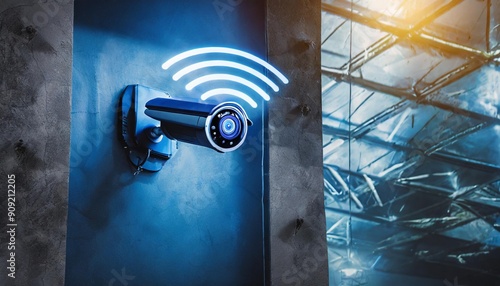 Modern security camera featuring wireless signal technology for enhanced surveillance and monitoring in indoor settings.