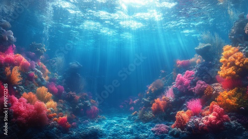 Vibrant underwater scene of a coral reef with colorful corals and fish. Ideal for marine life themes  ocean conservation  and nature backgrounds