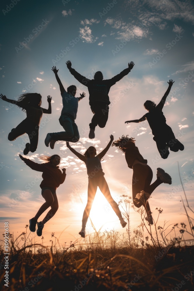 People jumping together in mid-air, joyful expression on their faces People jumping together in mid-air, joyful expression on their faces