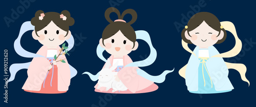 Girls in Chinese silk robe. Chinese Fairy vector illustration. Mid-Autumn Festival element.