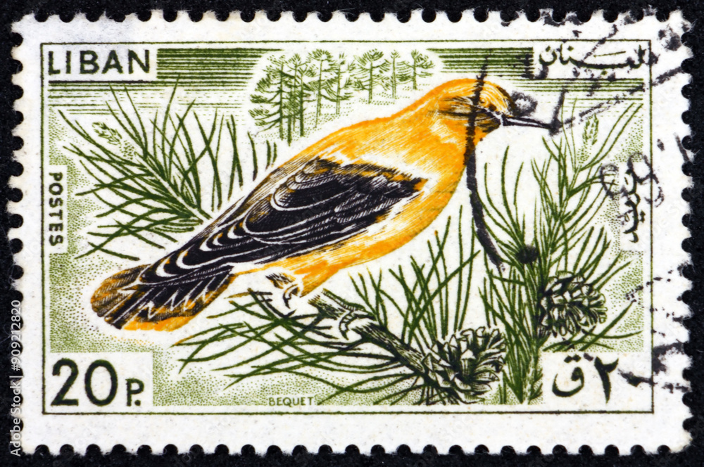 Postage stamp Lebanon 1965 golden oriole, oriolus oriolus, bird