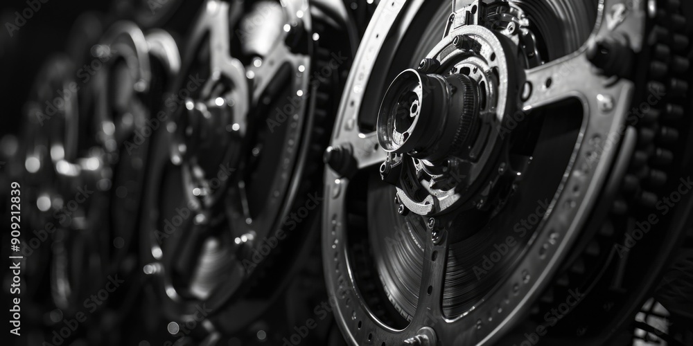 Close-up view of a motorcycle's front wheel, showing detailed design and textures Close-up view of a motorcycle's front wheel, showing detailed design and textures