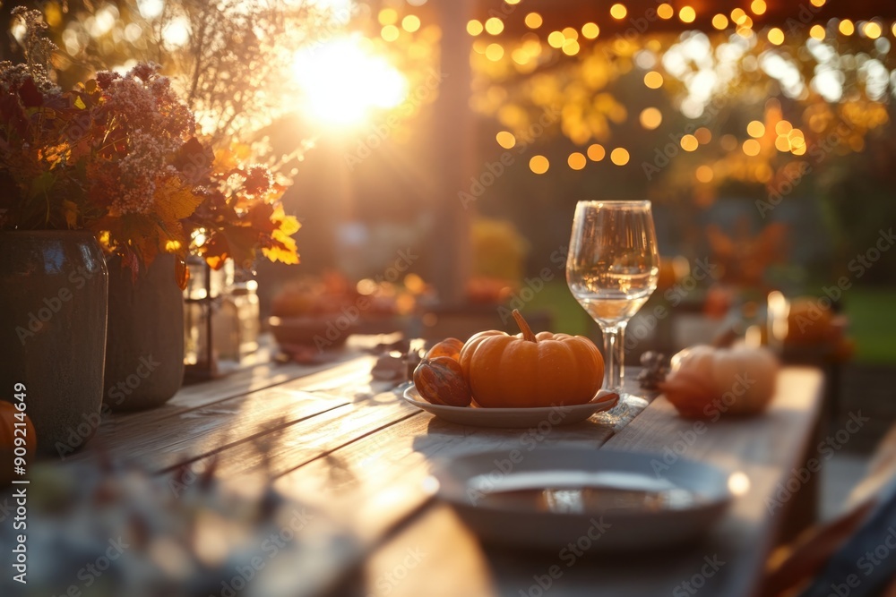Obraz premium Thanksgiving table setting outdoors with pumpkins and candles. Autumn home decoration