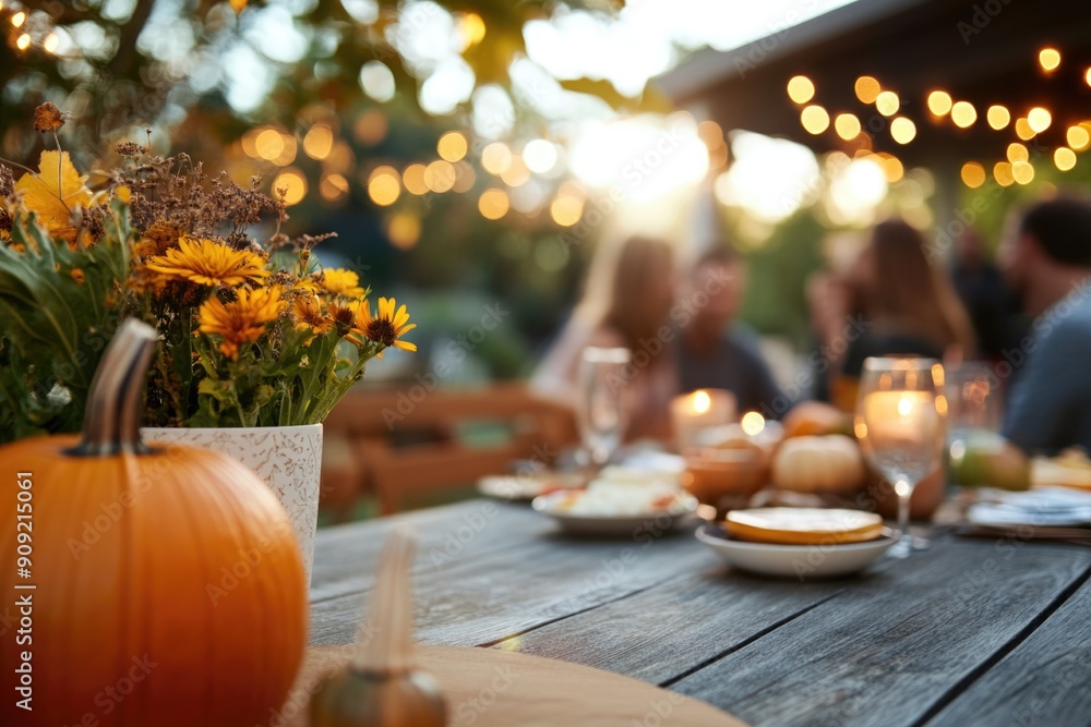 Thanksgiving table setting outdoors with pumpkins and candles. Autumn home decoration Thanksgiving table setting outdoors with pumpkins and candles. Autumn home decoration