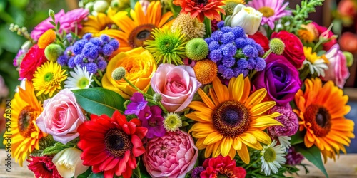 A Colorful Bouquet of Sunflowers, Roses, and Daisies, Close-up View, Photography, floral, bouquet