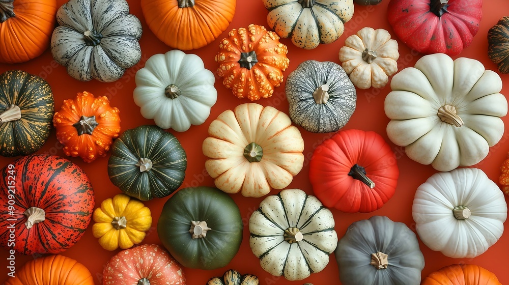 A variety of pumpkins displayed on a vibrant orange background, capturing the essence of autumn harvest and festive decoration A variety of pumpkins displayed on a vibrant orange background, capturing the essence of autumn harvest and festive decoration