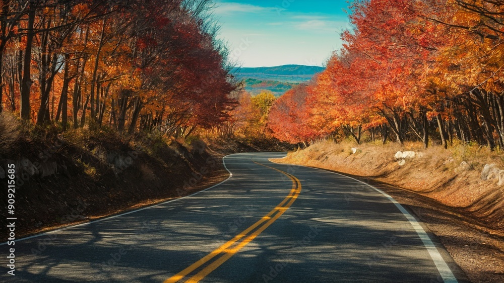 Fototapeta premium Autumn Tunnel Drive with Vibrant Leaves and Clear Sky