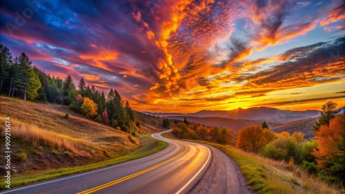 A Winding Road Through a Mountain Pass at Sunset, Landscape, Roadtrip, Nature, Golden Hour, Mountains,