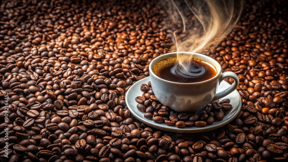 Aromatic Coffee Cup with Steam Rising Over Roasted Beans, Coffee Beans, Coffee, Drink, Aroma Aromatic Coffee Cup with Steam Rising Over Roasted Beans, Coffee Beans, Coffee, Drink, Aroma
