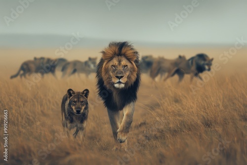 Majestic lion leading pride across savanna, contrasted with lone, lost wolf in wildlife scene. photo