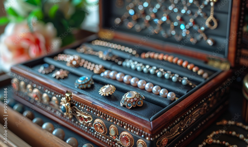 Elegant Jewelry Box with Stylish Accessories on White Table - Rings, Necklaces, Bracelets in Ornate Wooden Case - Perfect for Fashion and Style Enthusiasts Elegant Jewelry Box with Stylish Accessories on White Table - Rings, Necklaces, Bracelets in Ornate Wooden Case - Perfect for Fashion and Style Enthusiasts