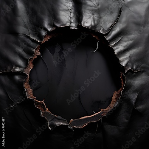 A large, circular hole with frayed edges tears through black leather, revealing a dark, shadowy void beneath. photo