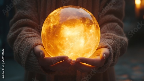 Fortune teller's hands hovering over a glowing sphere of light and space, filled with cosmic patterns, magical photo