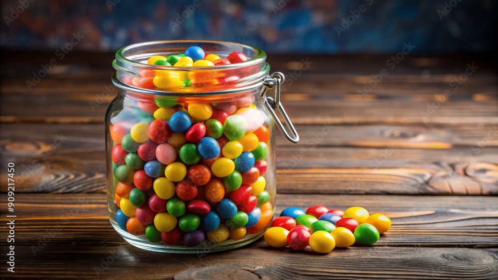 Colorful Candies in Glass Jar on Wooden Table, Candy Jar, Colorful Sweets, Candy, Chocolate Colorful Candies in Glass Jar on Wooden Table, Candy Jar, Colorful Sweets, Candy, Chocolate