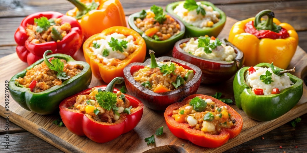 Colorful Stuffed Bell Peppers with Various Fillings on Wooden Cutting Board, pepper, stuffed pepper, appetizer, recipe Colorful Stuffed Bell Peppers with Various Fillings on Wooden Cutting Board, pepper, stuffed pepper, appetizer, recipe