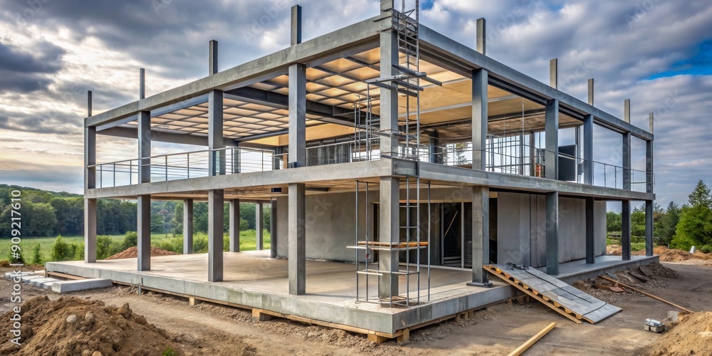 Concrete Skeleton of a Modern Home Under Construction, concrete, construction, modern architecture, house Concrete Skeleton of a Modern Home Under Construction, concrete, construction, modern architecture, house