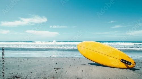 Minimalist photography of a surfboard standing on a sandy beach under a clear sky.