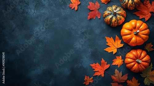 Thanksgiving décor with autumn leaves and pumpkins on a dark backdrop. Flat lay, top view with space for text.