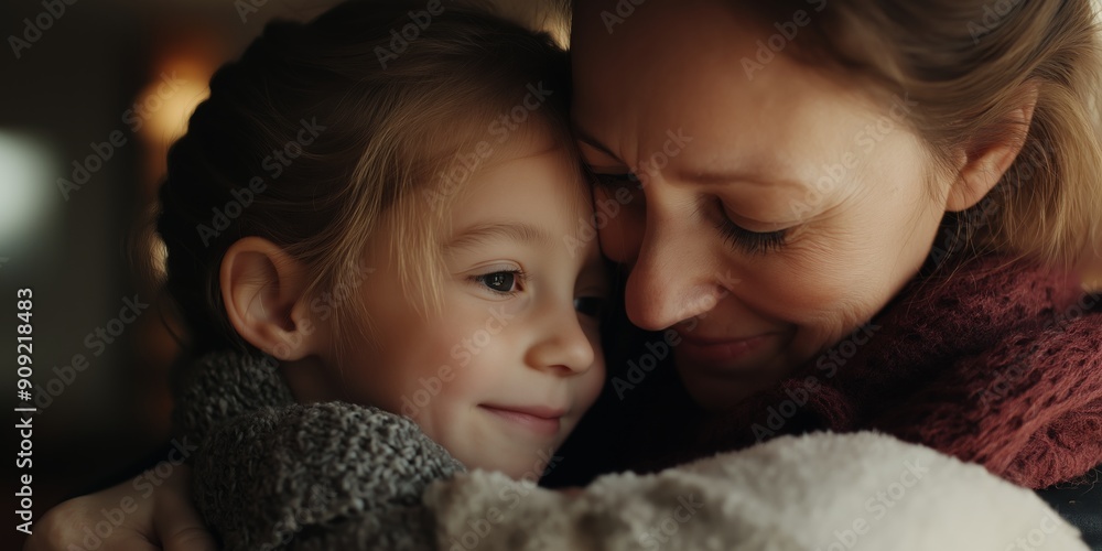 Mother and Daughter Embrace: A tender moment of love and connection, captured in a close-up portrait of a mother and her young daughter embracing, their faces filled with warmth and affection. A beaut Mother and Daughter Embrace: A tender moment of love and connection, captured in a close-up portrait of a mother and her young daughter embracing, their faces filled with warmth and affection. A beaut