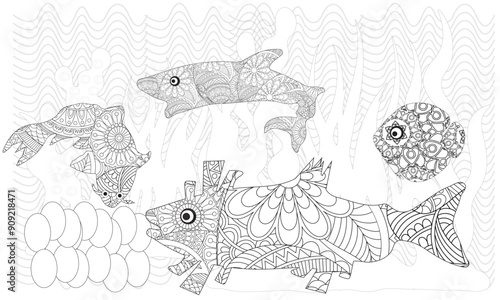 Coloring book page for adults and children. school of different tropical fish. banner with outline black and white pattern of swimming fish. ornate decorative sea animals