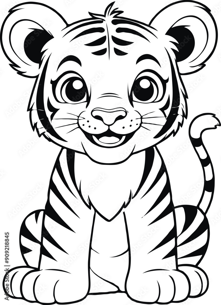 Obraz premium Vector Cute Male Child Tiger Smiling Outline Illustration