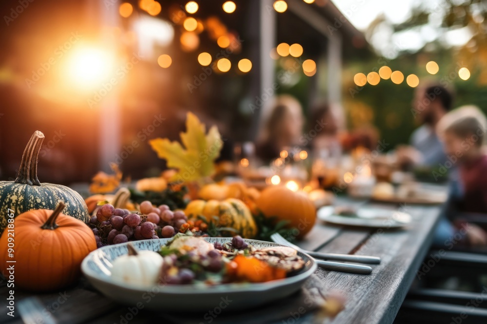 Thanksgiving table setting outdoors with pumpkins and candles. Autumn home decoration Thanksgiving table setting outdoors with pumpkins and candles. Autumn home decoration