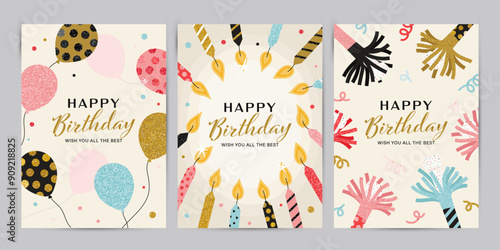 Happy Birthday greeting card and invitation templates with glitter elements. Trendy Vector illustration