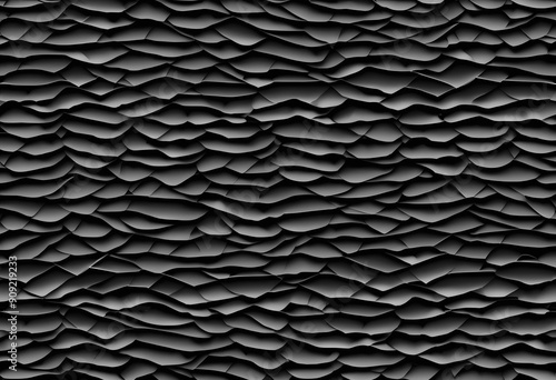 A textured black surface with wavy, undulating patterns resembling crumpled fabric or paper. The design creates a sense of depth and movement, ideal for backgrounds or abstract art.