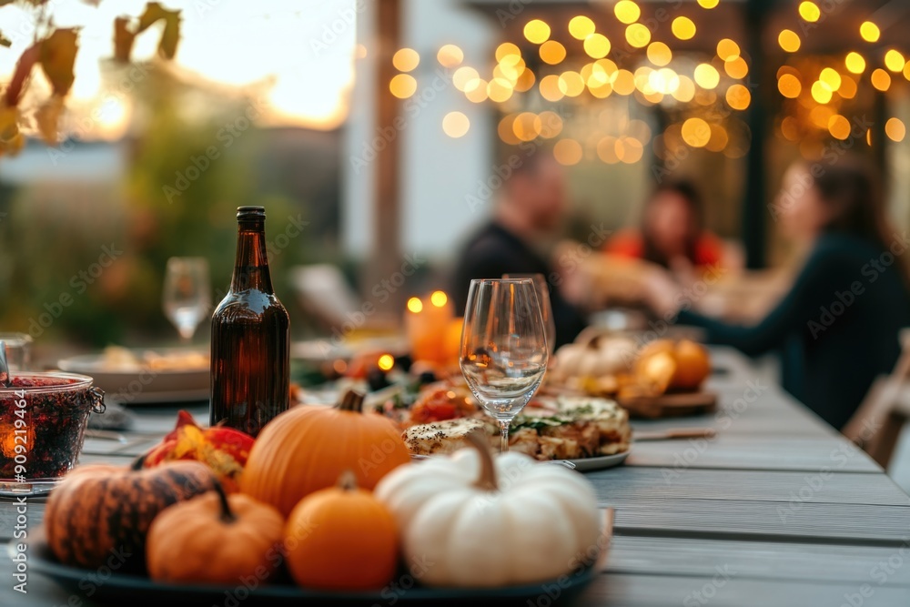 Naklejka premium Thanksgiving table setting outdoors with pumpkins and candles. Autumn home decoration