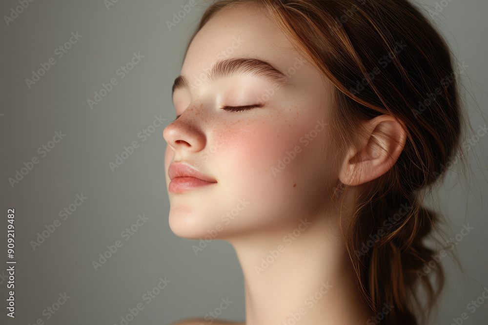 A close up of a girl's face with her eyes closed