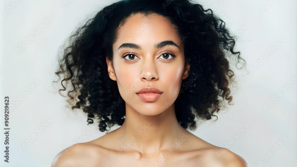Closeup portrait of beautiful mixed race model with curly hair in studio with natural neutral makeup Closeup portrait of beautiful mixed race model with curly hair in studio with natural neutral makeup