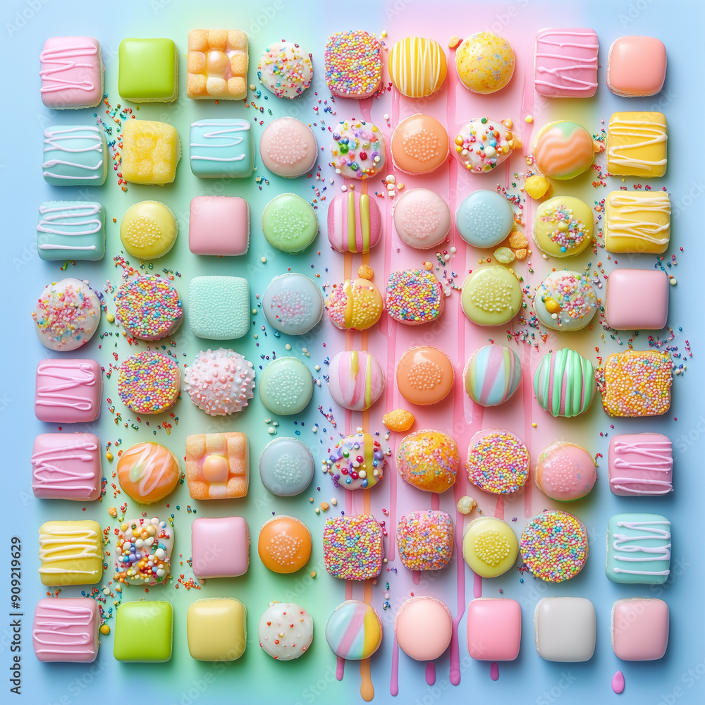 A flat lay of sweet candy on the colorful pastel background A flat lay of sweet candy on the colorful pastel background