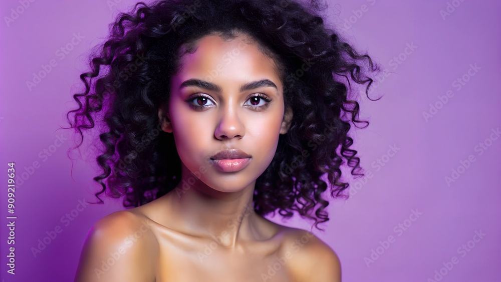 Closeup portrait of beautiful mixed race model with curly hair in studio with natural neutral makeup Closeup portrait of beautiful mixed race model with curly hair in studio with natural neutral makeup