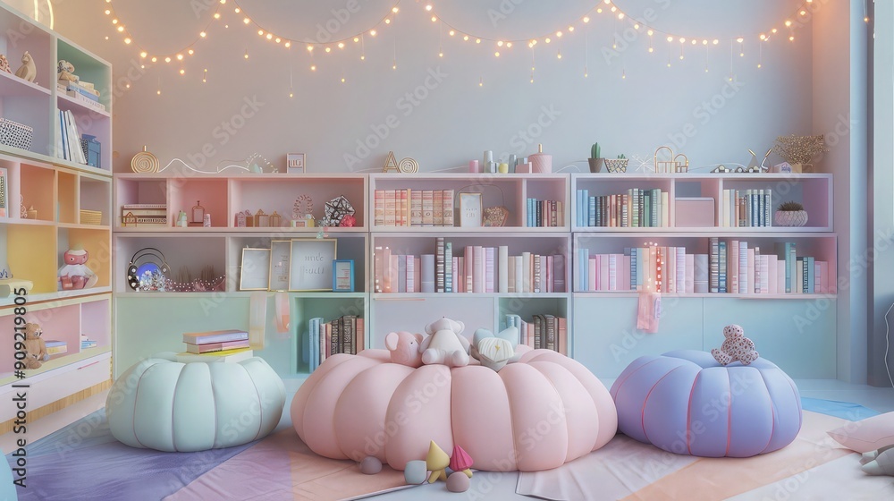 A playful and creative living room setup with pastel-colored poufs, fairy lights strung across a low ceiling, and a wall of pastel-colored bookshelves filled with books and trinkets. A playful and creative living room setup with pastel-colored poufs, fairy lights strung across a low ceiling, and a wall of pastel-colored bookshelves filled with books and trinkets.